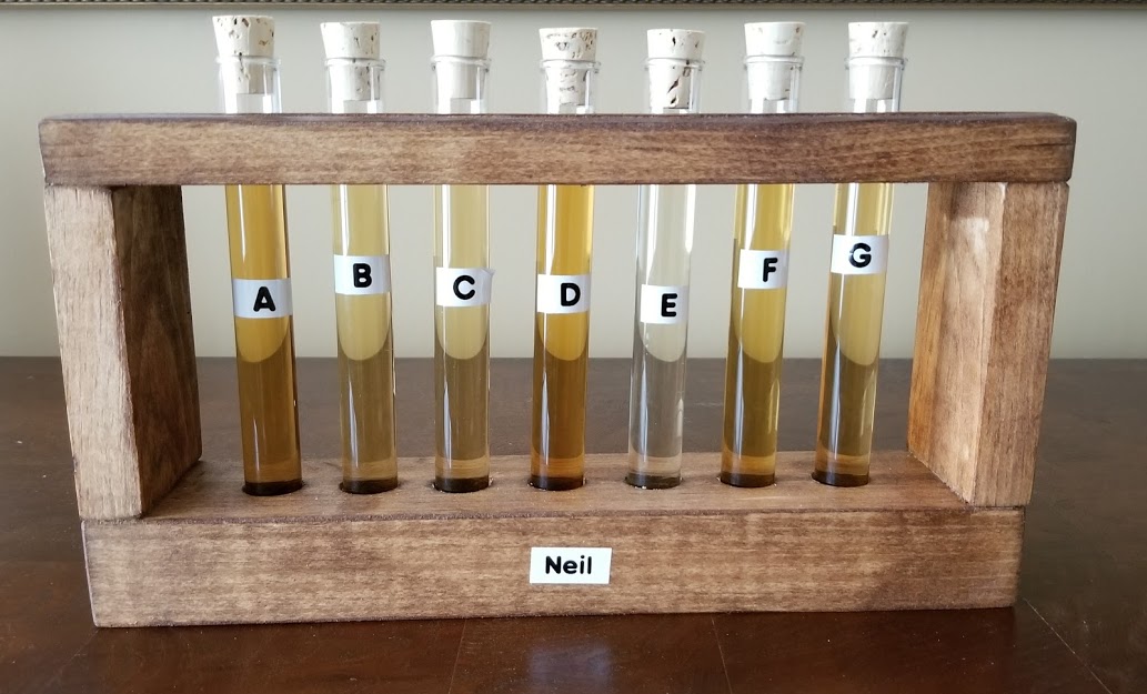 (Blind example, using 18mm x 150 mm test tubes (1.25oz), Anejo Tequila example, Racks are handmade)